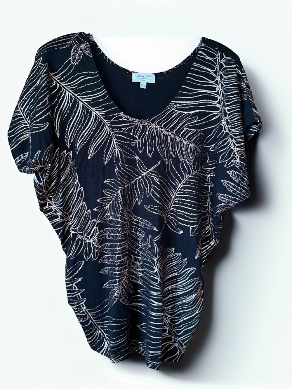 Kim & Cami Small Black Palm Leaf Print Scoop Dolman Sleeve Top Boho